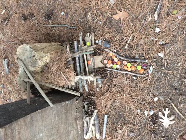 Tiny world built at the base of a tree